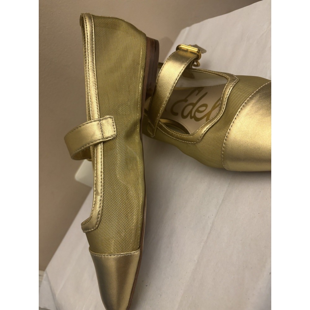 Size 8.5- Sam Edelman Gold Mesh Square Toe Mary Jane Flats Buckle Strap - Picture 3 of 7